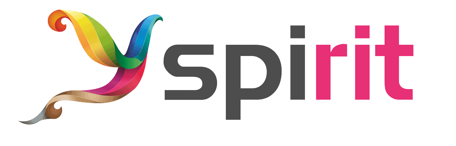 Ein farbenfrohes Logo mit dem Wort „Spirit“ darauf.